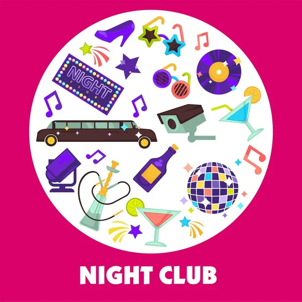 Nachtclub Dansen Partij Disco Bal Champagne Vector Limousine Vinyl Disc — Stockvector