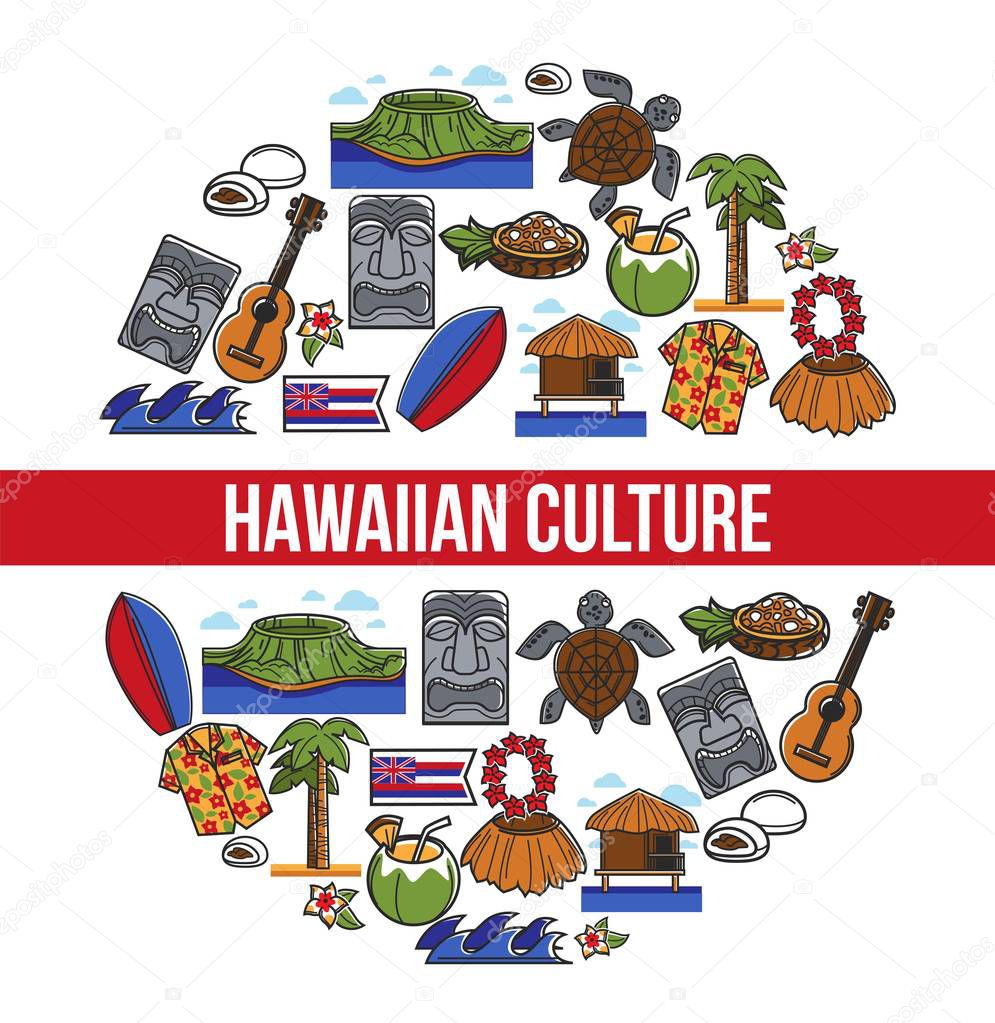 Hawaii country symbols tourism Hawaiian culture traveling vector tiki statues and volcano sea turtle and coconut cocktail hula dance costume and flower print shirt bungalow and surfboard ukulele.