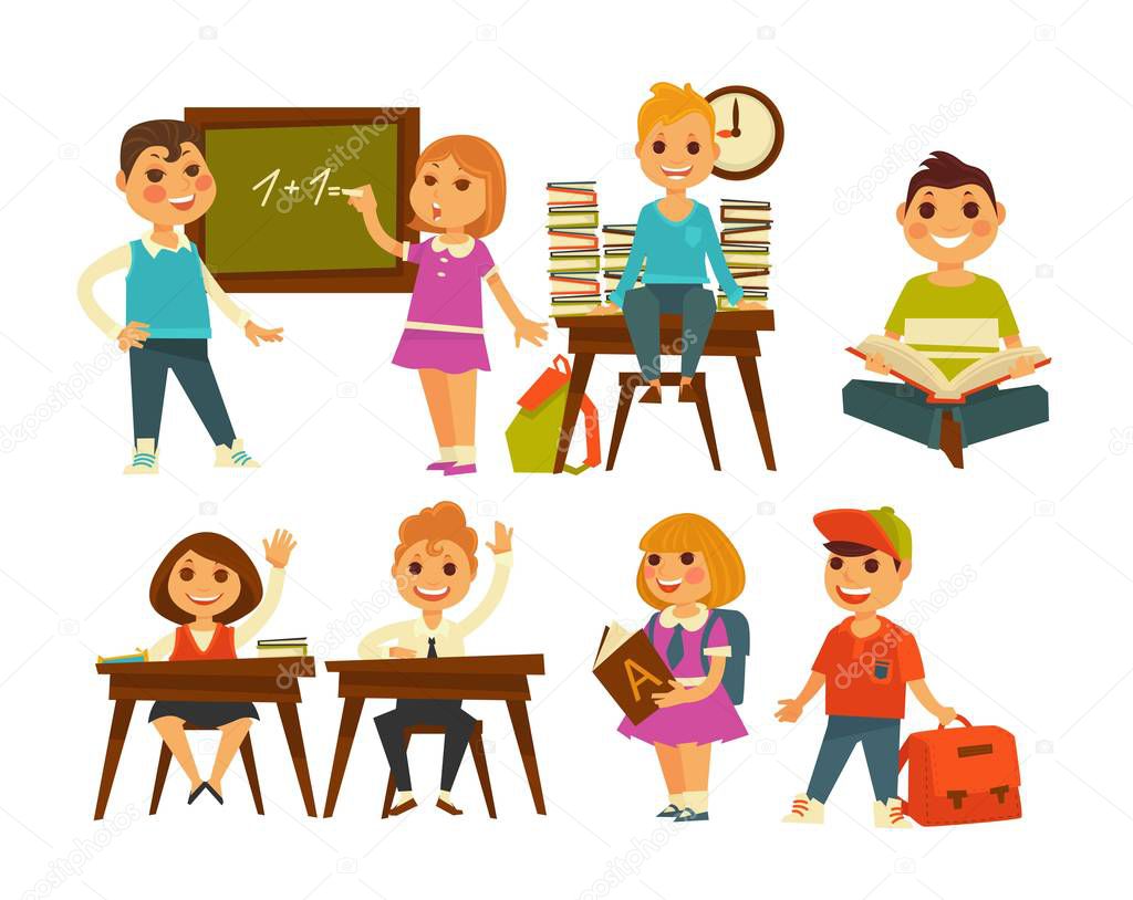 Textbooks and chalkboard school classroom children education and knowledge kids boy and girl learning maths book piles on desk schoolers raising hands briefcase schoolboy and schoolgirl in uniform.
