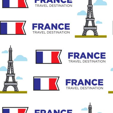 Eyfel kulesi ve Fransız bayrağı Fransa seyahat hedef dikişsiz desen vektör paris romantik görüş aşk sembolü turizm cazibe mimarisi veya inşaat ve heraldry sonsuz doku seyahat.