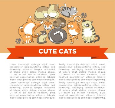 Uykulu veya oynak iri gözlü sevimli kediler pozlar vektör Evcil hayvan ya da ev ile ilgili hayvan zencefil ve gri yavru kedi noktalar ve çizgiler kıvrılmış ve arkasında yatan paw baskı çok güzel tüylü memeliler.