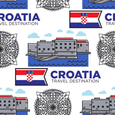 Mimari ve bayrak Hırvatistan seyahat hedef dikişsiz desen vektör bina ve deniz cam dekor süs ulusal heraldry sonsuz doku Hırvat konumlar duvar kağıdı baskı seyahat