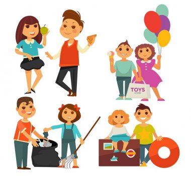 Çocuklar çocukluk çocukları çöp temizleme oyuncakları satın alma yeme ve gıda hediyeleri ve balonlar çöp veya çöp tatil bagaj ve lifebuoy izole karakterler ile seyahat vektör erkek ve kız.