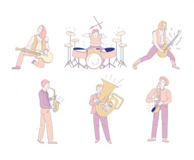 Rock ve orkestra müzisyenleri izole karakterler müzik endüstrisi vektör gitar ve davul bas ve saksafon trompet gösterisi veya konser canlı ses gitarist ve davulcu basçı ve saksafoncu.