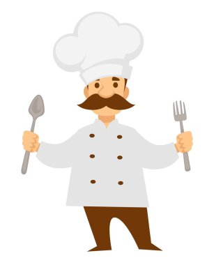 Şef veya kaşık ve bıçak çatal vektör izole karakter mutfak işçi mutfak ve bıyık mesleği veya meslek çalışma üniforma ve şapka restoran veya kafe ile pişirme adam ile üniforma içinde aşçı.