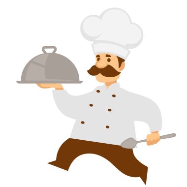 Üniformaşef veya baş ocak cloche veya gıda tepsisi vektör izole erkek karakter fırıncı veya şapka pişirme ve mutfak restoran veya kafe mutfak işçi meslek büyük kaşık ile şekerleme taşımak.