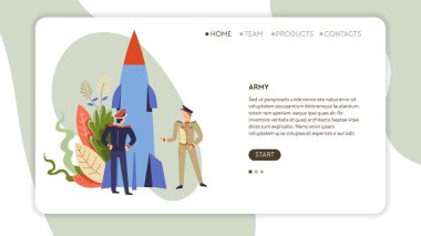 Üniforma ve roket veya füze ordusu Internet web sayfası şablon vektör savaş ve defans askeri hizmet online site açılış sayfası mockup kitle saldırı ve soyut bitkilerin nükleer silah mockup Askerler.