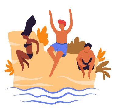 Yaz beach resort arkadaşlar su gezginler vektör kız ve mayo yüzme çocuklar deniz tatili ve tatil seyahat ve turizm yaz eğlence sahil veya sahil turistler atlama.