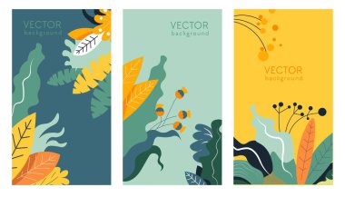 Bright vector backgrounds set. Abstract spring designs with copy space for text. Didderent posters banners or cover designs for social media stories, cover design templates with fresh beautiful summer flowers and leaves clipart