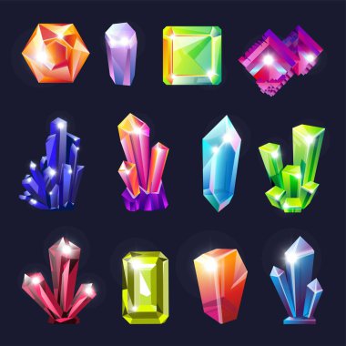 Doğal kaynaklar kristaller kesilmemiş değerli taşlar jeoloji ve takı malzemeleri vektör elmas ve parlak keskin faset safir ve ametist chrysolite ve tourmaline aquamarine ve yakut topaz hazine.