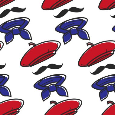 Beret and mustache neckerchief French outfit seamless pattern France symbol Paris citizen stereotype headdress and accessory garments clothing Frenchman look endless texture style and clothes clipart