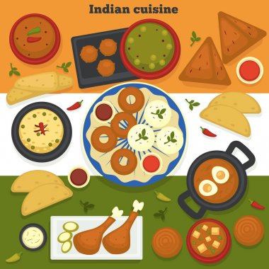 Hindistan gıda Hint mutfağı et ve fırın ürünleri vektör köri tavuk baget ve kızarmış yumurta kahvaltı samosa ve çorba çörekler ve paneer peynir biber soslar jalebi çanak ulusal yemek ve bayrak.