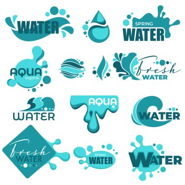 Su sıçramaları ve metin örnekleri logolar ve amblemler düz tarzda bilgi logotipleri organik maddeler ve mineraller yaratıcı yazı tipleri ile farklı şekil renkli sıvılar vektör izole damla ayarlayın.
