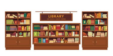 Eğitim ve bilgi kütüphanesi kitap raflar ahşap mobilya vektör kitaplık ders kitapları ve roman ciltedebiyat ve bilim üniversitesi veya kolej okuma ve izole kapalı nesneleri öğrenme.