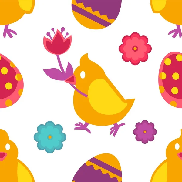 Κοτόπουλο Λουλούδι Και Βαμμένα Αυγά Του Πάσχα Χωρίς Ραφή Πρότυπο — Διανυσματικό Αρχείο