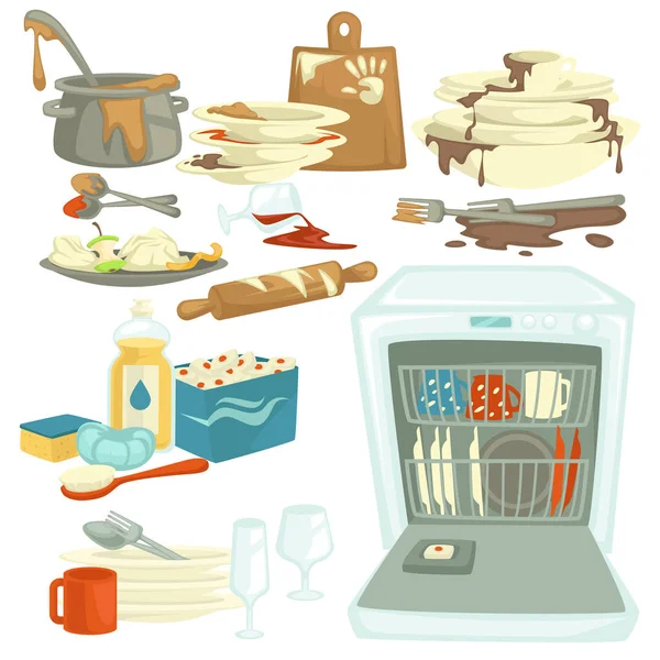 洗碗机和食物保持肮脏和干净的碗洗涤剂矢量脂肪污渍和平底锅切割板和板勺和叉子玻璃和滚针电动厨房用具刷和海绵 — 图库矢量图片