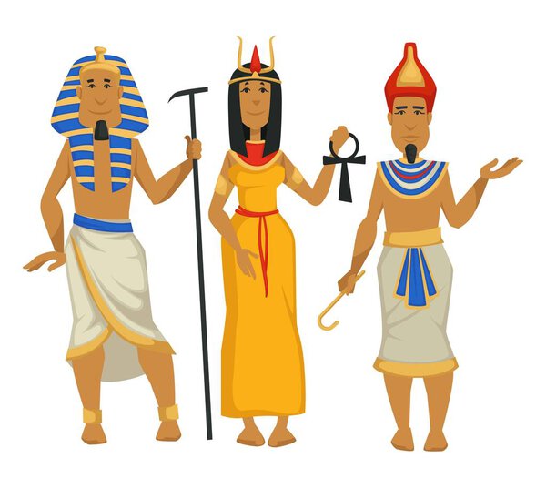 Egyptian kings and queen Pharaohs and Cleopatra isolated male and female characters vector ancient Egypt scepter and coptic cross traditional clothing crowns woman and men royalty egyptology science.