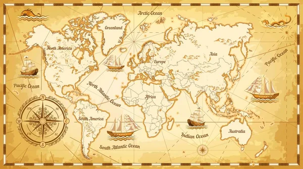 Navegación Marina Mapa Del Mundo Antiguo Barcos Continentes Brújula Vector — Vector de stock