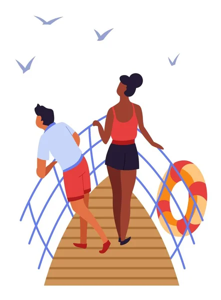 Voyageurs Couple Sur Navire Pont Mer Voyage Été Vecteur Homme — Image vectorielle