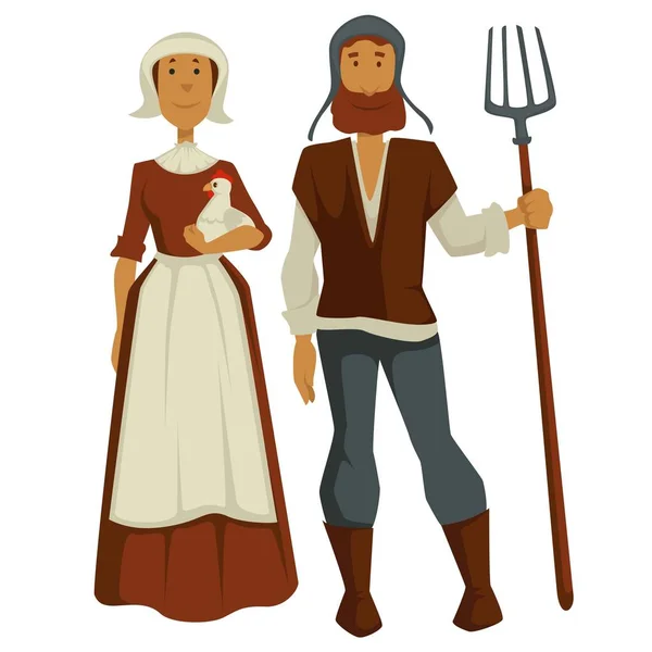 Țăranii Medievali Bărbat Femeie Personaje Izolate Soție Vector Rochie Șorț — Vector de stoc