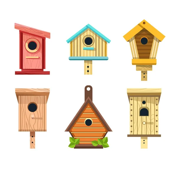 Ahşap Kuş Evleri Izole Simgeler Karikatür Dikdörtgen Üçgen Şekiller Kuşları — Stok Vektör