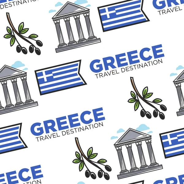 Grecia Símbolos Grecia Viaje Destino Sin Costuras Patrón Vector Bandera — Vector de stock