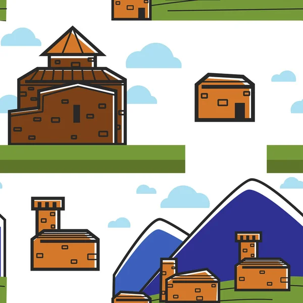 旅行亚美尼亚亚美尼亚建筑和自然山脉和砖建筑无缝模式矢量山和古老的寺庙房屋和绿色山丘无尽的纹理旅游和旅游 — 图库矢量图片