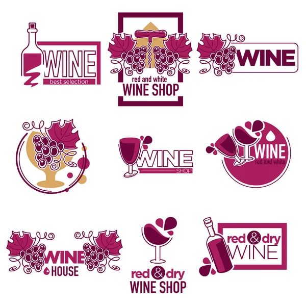 Red and dry wine tasting place to drink wine logos vector set of isolated signs with emblems of houses bottle with poured alcoholic beverage and grapes glass with liquid and ornaments with text.