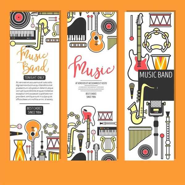 Banda Música Concierto Instrumentos Musicales Banners Show Vector Saxofón Piano — Vector de stock