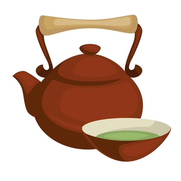 Зеленый Чай Чашка Чайник Китайский Горячий Напиток Глиняный Чайник Изолированной — стоковый вектор