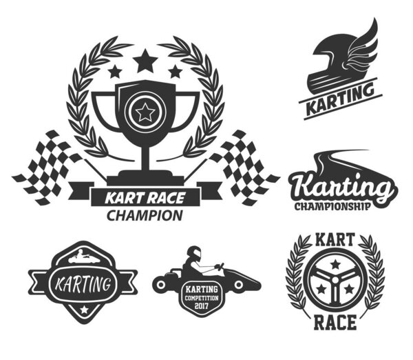 Extreme driving sport kart race isolated monochrome icons vector tournament or championship trophy cup and helmet speed racer and vehicle or car wheel and track road start flags emblem or logo.