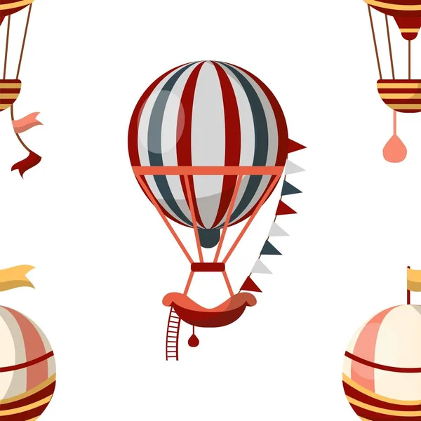 航空機や輸送気球シームレスパターンレトロベクトルバスケットとサンドバッグはしごやフラグ旅行や輸送無限のテクスチャ航空宇宙飛行壁紙印刷レクリエーション旅行 — ストックベクタ