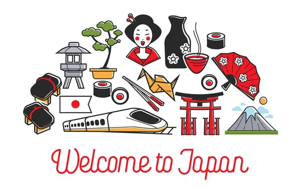 Bienvenue Japon Culture Symboles Pays Japonais Vecteur Sushi Bonsaï Geisha — Image vectorielle