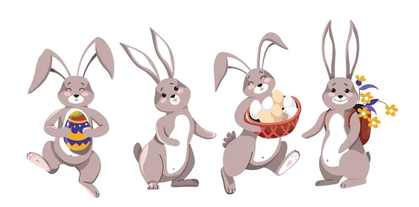 休日バニー イースターのウサギの描かれた卵と花ベクター酪農製品やバックパック野生哺乳動物絵画シェル キリスト教の宗教イベント シンボルの花束のバスケットと隔離された動物 — ストックベクタ
