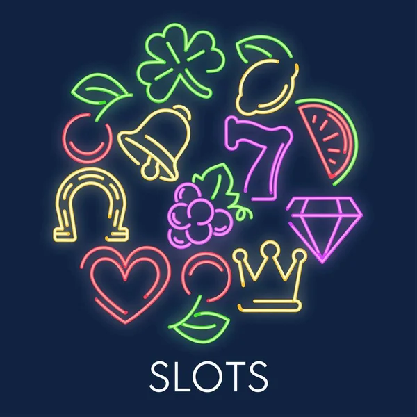 Casino Slot Fruit Machine Gambling Games Neon Symbols Vector Number — Stock Vector