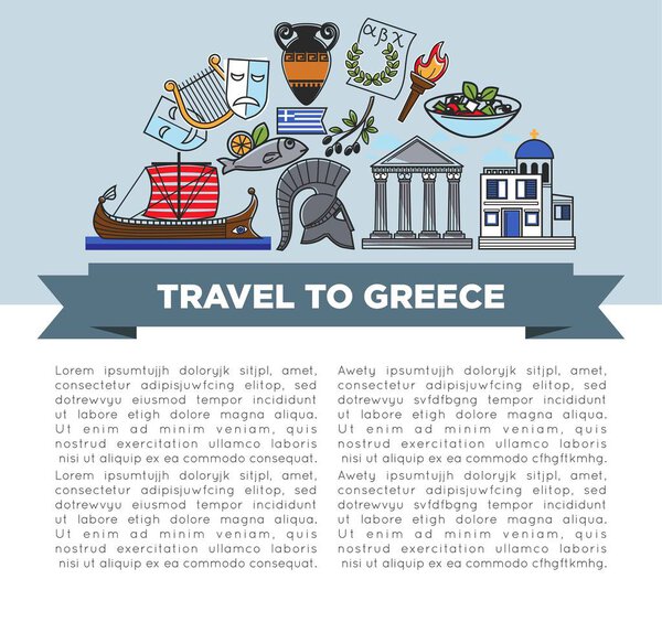 Greek symbols travel to Greece banner traveling and tourism vector national flag and alphabet torch and laurel wreath amphora and pillars olives and salad fish and boat theatrical masks and church.