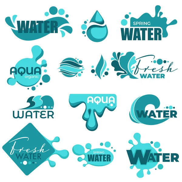 Salpicaduras Agua Muestras Texto Logotipos Emblemas Conjunto Vectores Aislados Gotas — Vector de stock
