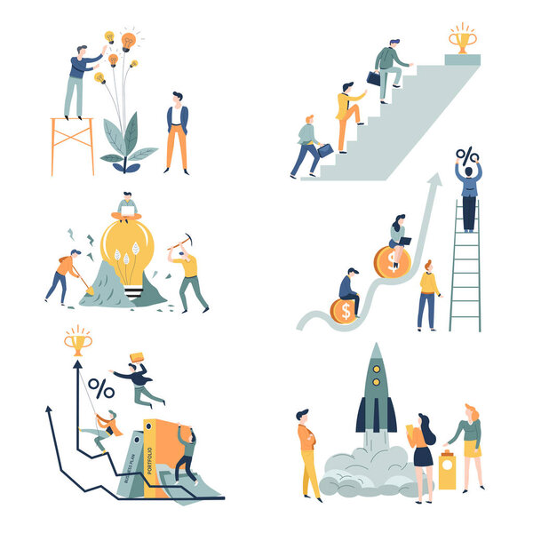 Startup and business teamwork idea company entrepreneurship and career vector light bulbs and ladder with prize graphics and spaceship or rocket launch coworking and success professional competition.