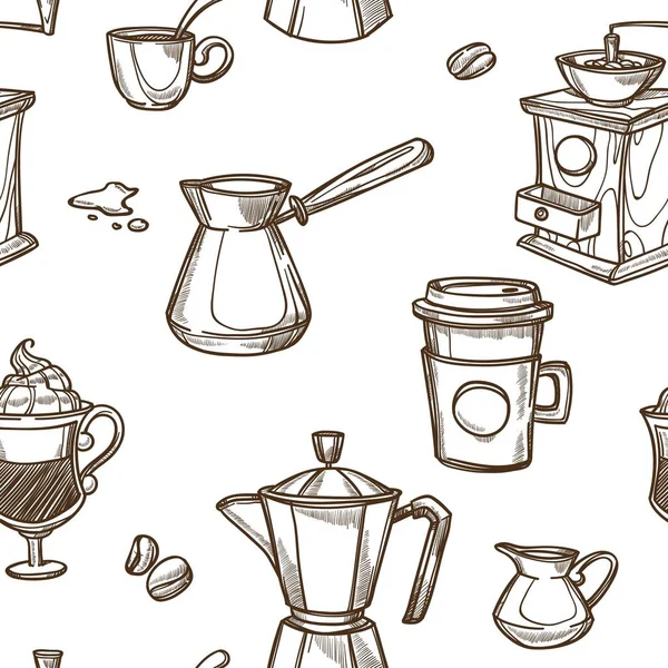 コーヒーカップと豆スケッチパターンの背景 ベクトルシームレスなコーヒーメーカー ホットチョコレートマグカップ カフェやカフェテリアのデザインのためのトルコのセベ — ストックベクタ