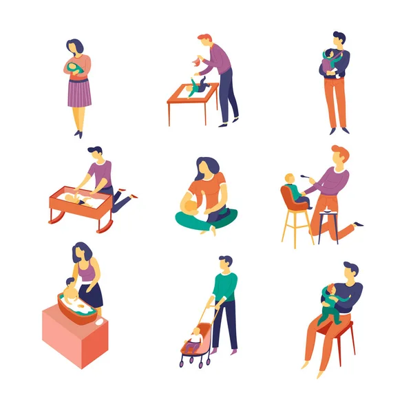 Newborn child and baby care parents and isolated characters vector man and woman father and mother son or daughter sleeping and changing diapers walk and feeding bathing and playing bringing up. — Stock Illustration Newborn Child Baby Care Parents Isolated Characters Vector Man Woman Royalty Free Stock Vectors