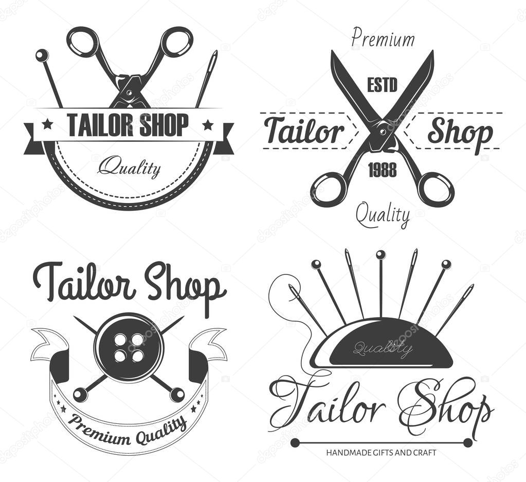 Tailor shop isolated icons sewing tools tailoring and clothes repairing vector scissors and needles pins and button monochrome emblems or logo seamstress service and designer clothing handmade craft.