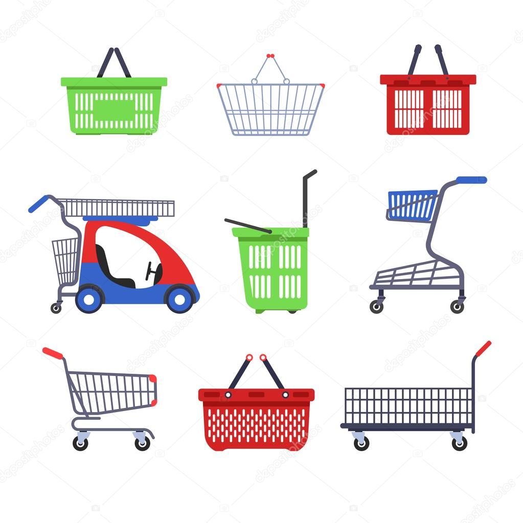 Shopping supermarket carts or trolleys and baskets container on wheels vector empty pushcart with handle market or grocery store convenience retail and wholesale purchase and buy transportation.