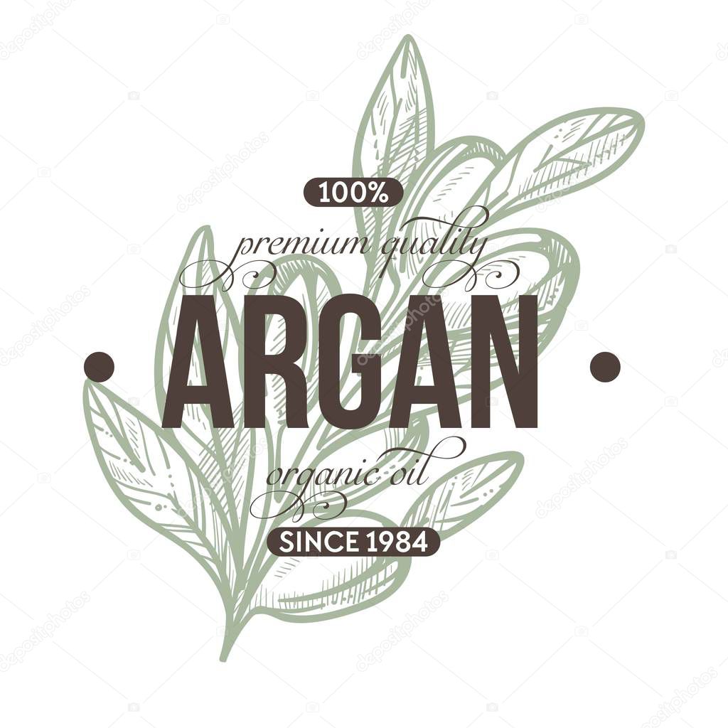 Herbs shop argan plant isolated icon with lettering vector organic oil and natural product cosmetics and cooking ingredient nut and leaves on stem emblem or logo essence and moisture nutrition.