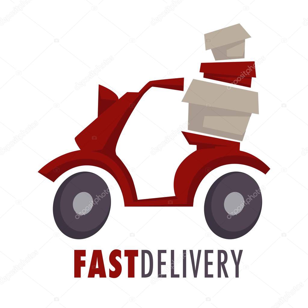 Moped with boxes or parcels fast delivery service isolated icon vector food and post transportation vehicle or scooter cardboard containers emblem or logo goods order express service mail and postage.