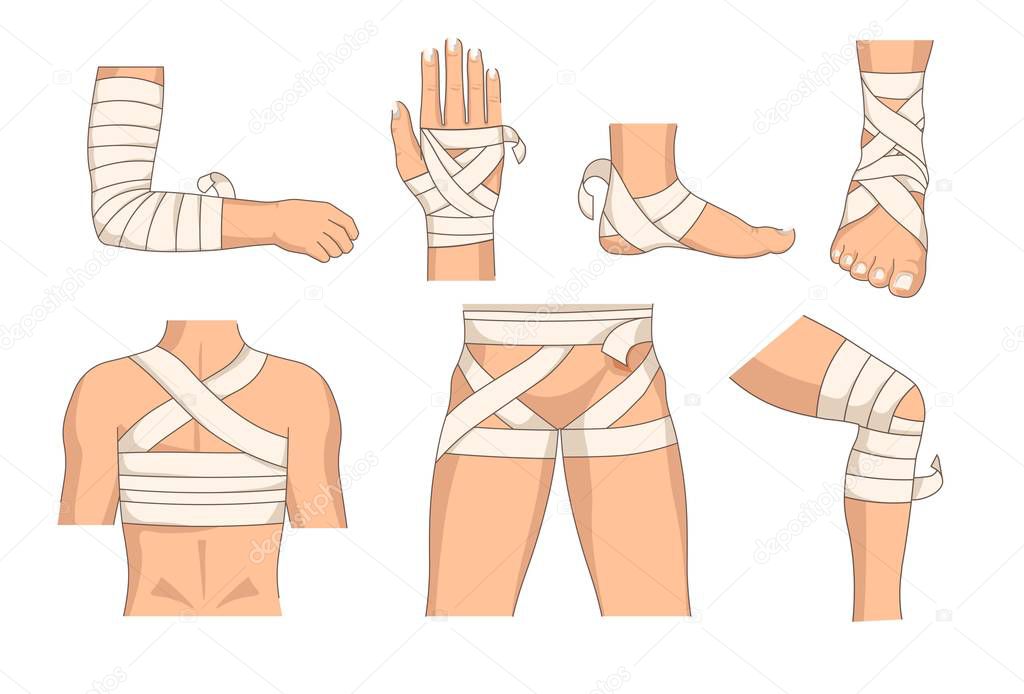 Bandaging body parts bandage human body injury vector bone fracture and burn stretching and bruise leg and arm head and arm wrist and heel foot and back hip and knee medicine and healthcare treatment.