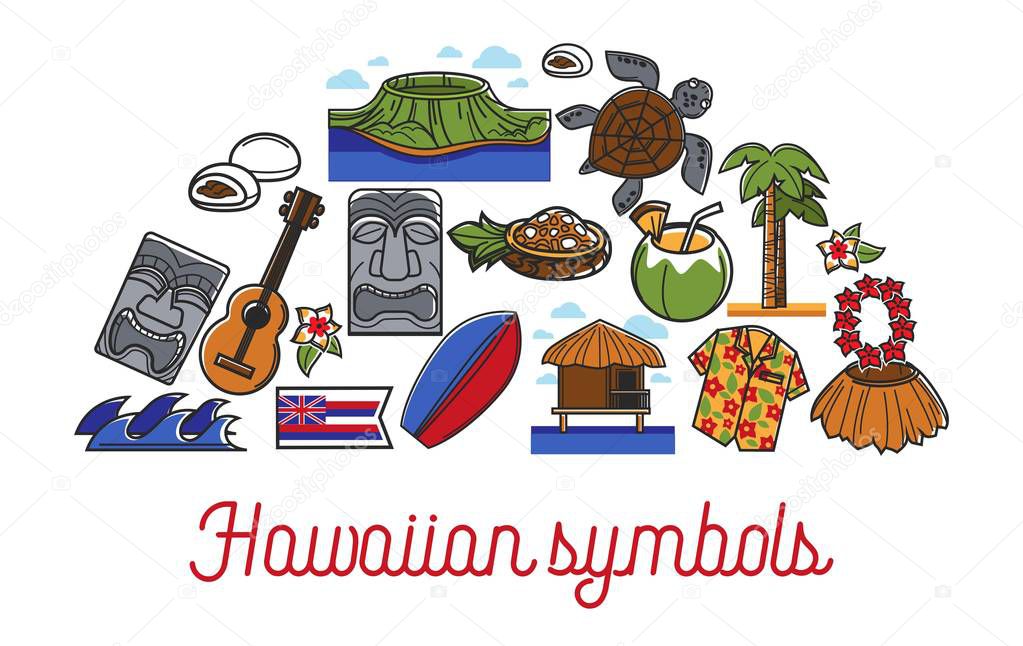 Traveling to Hawaiian symbols travel to Hawaii vector bungalow and volcano surfboard and tiki statue guitar and palm turtle and straw skirt coconut cocktail and pineapple salad flower ornament shirt.