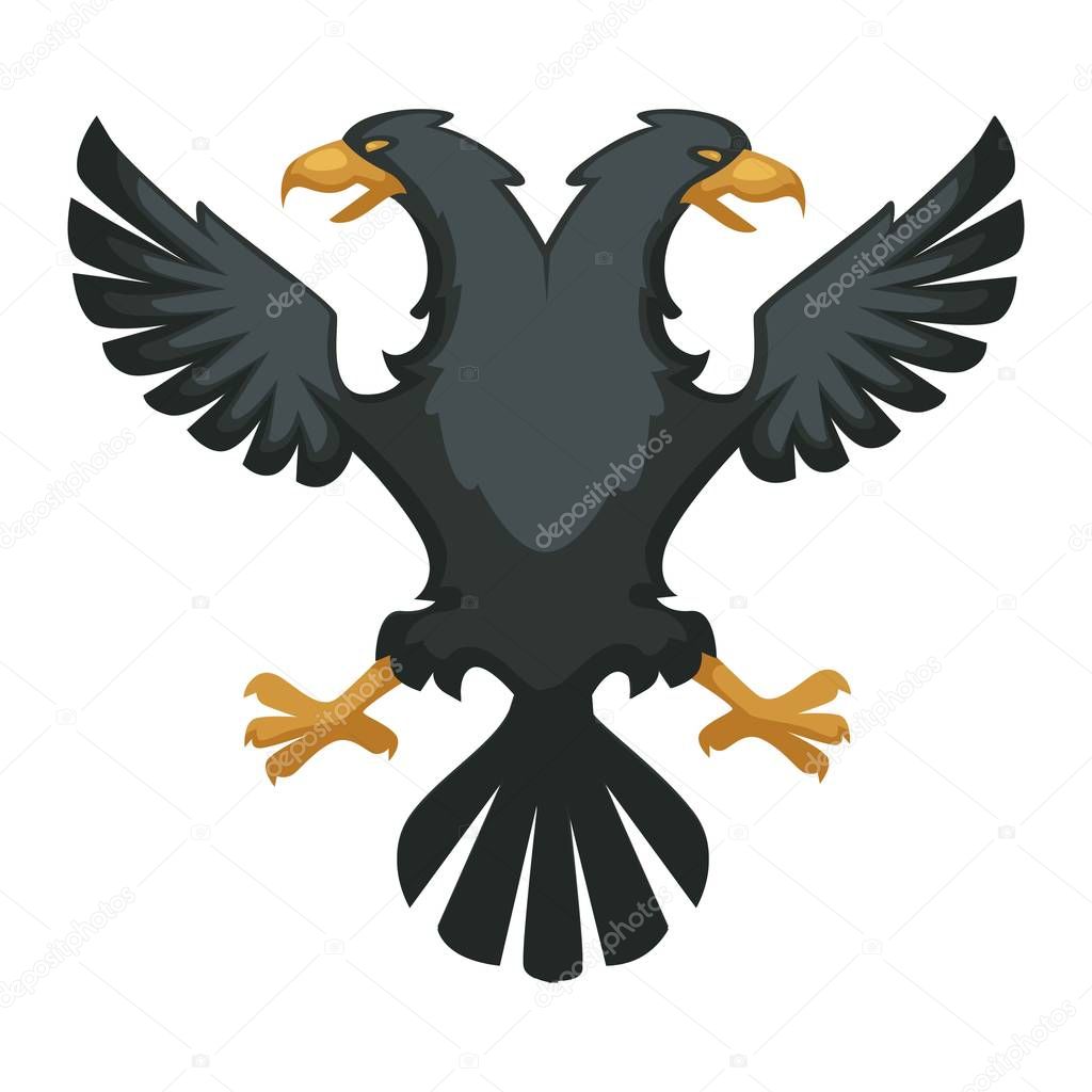 Byzantium heraldic symbol black double eagle wings and beak black feathers vector isolated bird hawk with two heads ancient empire heraldry mythical creature legendary beast fantastic animal.