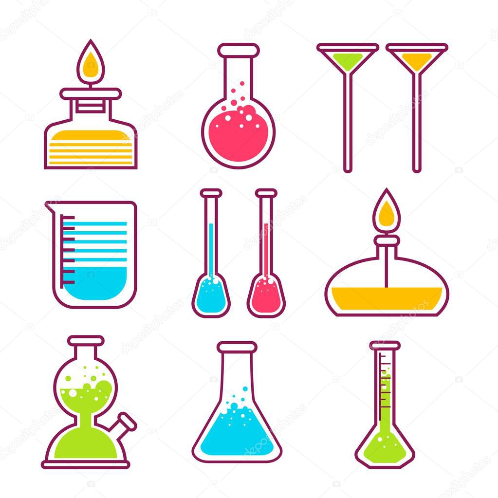 Laboratory equipment Chemical flasks chemistry science isolated objects vector flame and beaker lab glassware glass items color toxic liquids reaction research education and knowledge pharmacology