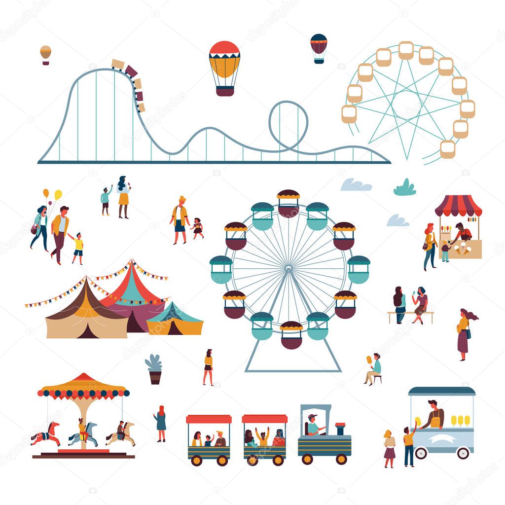 Attractions and big top circus amusement park ice cream vector roller coaster and air balloon ferris wheel and merry-go-round or carousel train and sweet cotton family entertainment and pastime.
