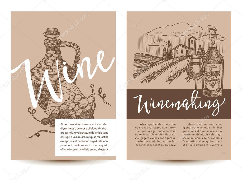 Wine and winemaking set of posters with text monochrome sketch vector bottle with alcohol and landscape of rural area season of harvesting and brewing alcoholic beverages from grapes in villages.